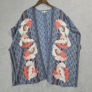 Max Studio Womens Floral Kimono Cardigan Medium Blue & Coral Chiffon